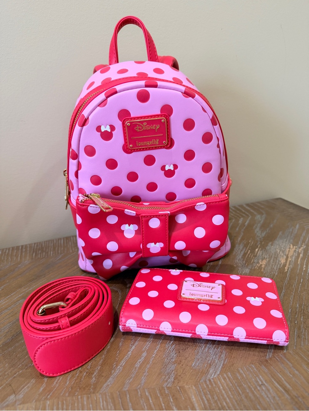Disney Minnie Loungefly Pink and Red Polka Dot Mini Backpack with Wallet